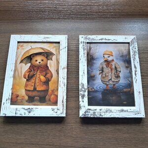 Pair of 5 X 7 Cute Critters - Bear & Duck in distressed frames.